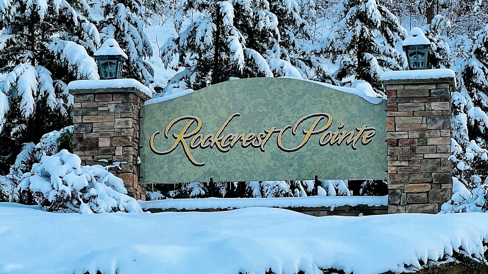 The Rockcrest Pointe entrance in snow